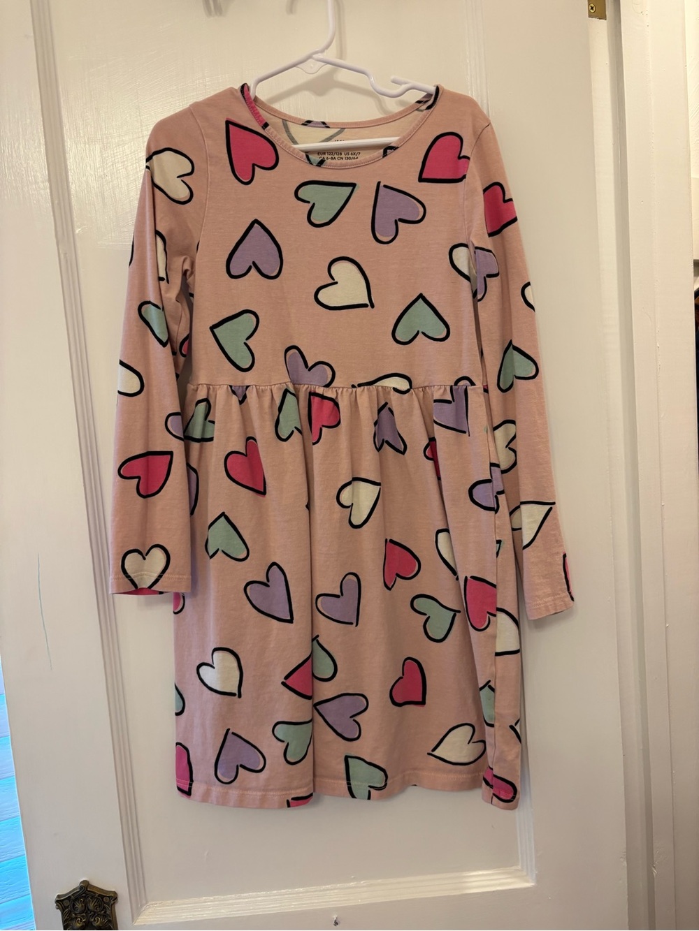 H&M 6/7 Girls' Pink Heart Print Long Sleeve Dress